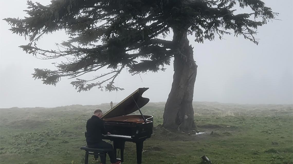 Prof. Maximilian Moser eine 150-jährige Tanne ans Klavier angeschlossen und deren Piano-Spiel aufgenommen